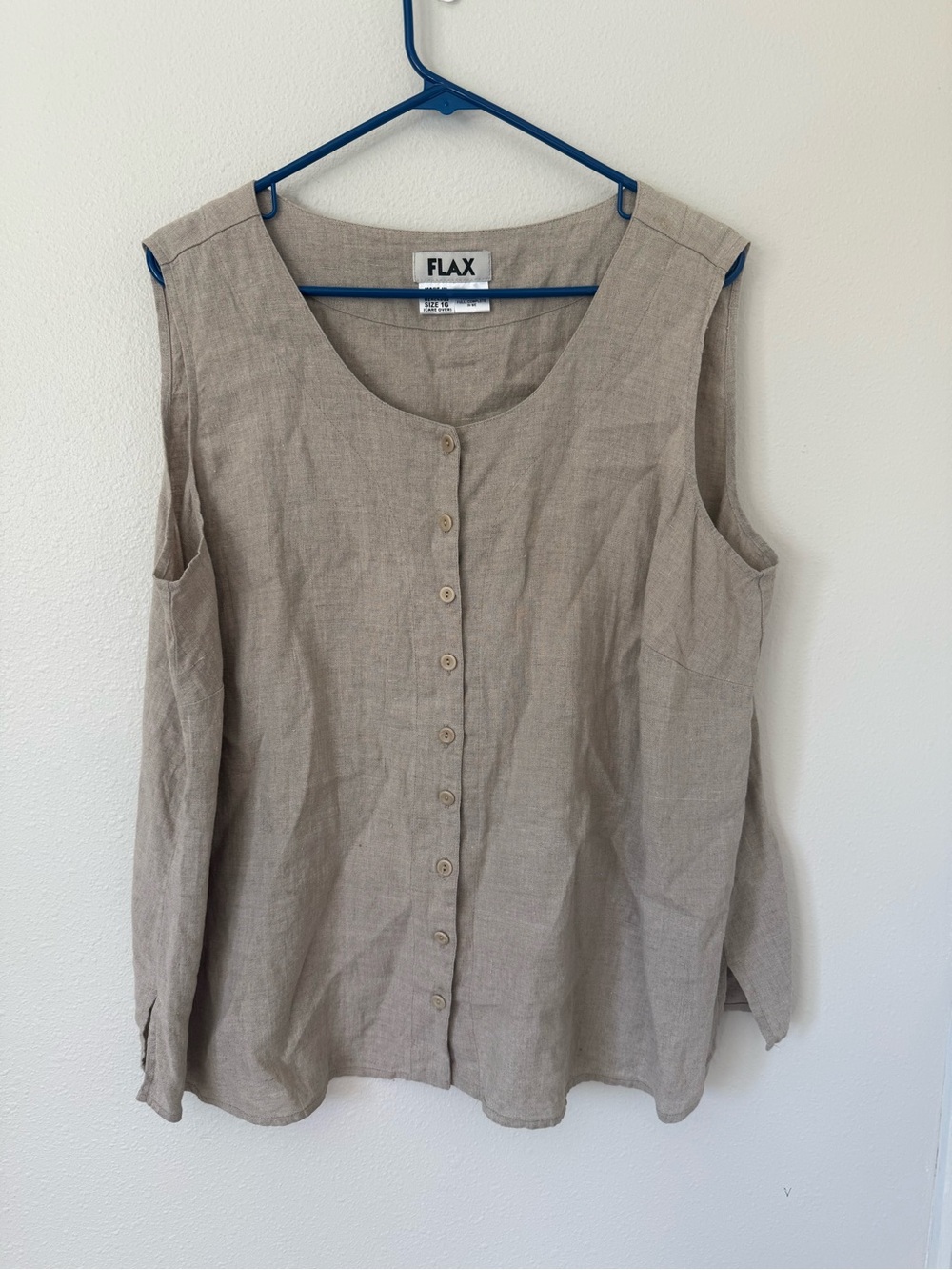 FLAX 100% Linen Sleeveless Button Down Top Beige Greige 1G 18 20 Lagenlook